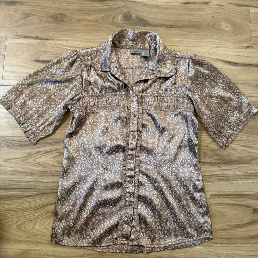 Vintage 00s Daytrip brown & gold floral blouse with button-up sleeves Size Small
